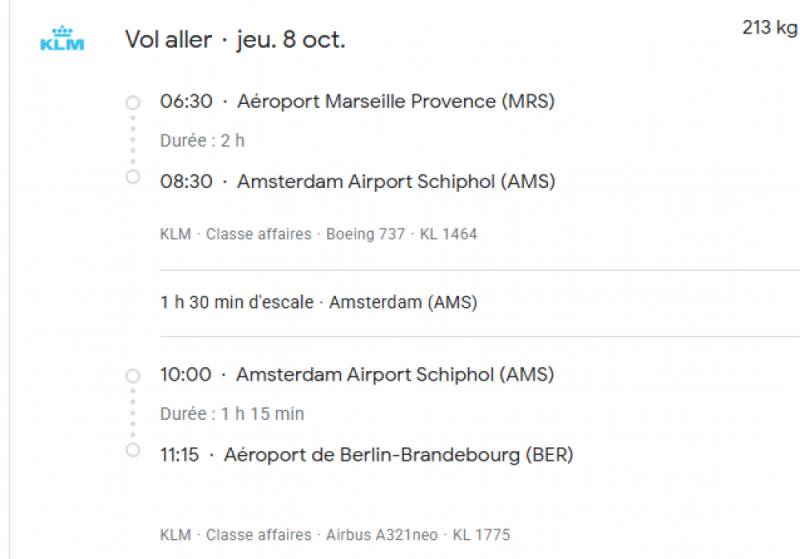 VOS VOLS KLM du 08 au 11/10/2026 - Vol aller